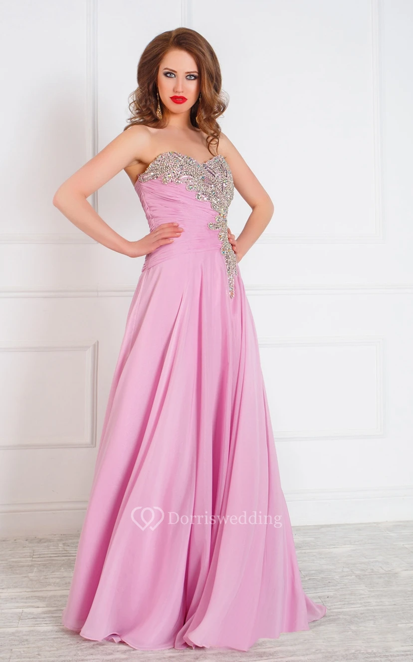 A-Line Floor-Length Sweetheart Sleeveless Tulle Ruffles Beading Zipper Dress view 2
