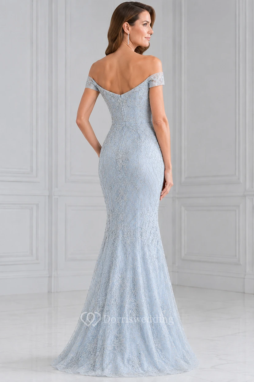 Vestido de sirena de encaje azul cielo con hombros descubiertos para madres y eventos formales. view 2