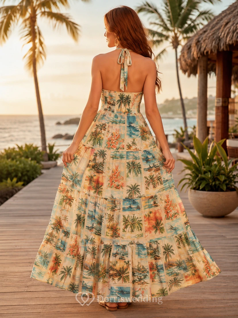 Postcard Print Halter Full Skirt Maxi Vacation Dress view 2