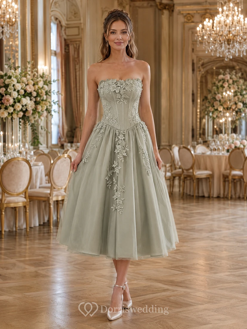 Sage Green Strapless Floral Lace Corset Tulle Tea Length Reception Wedding Dress
