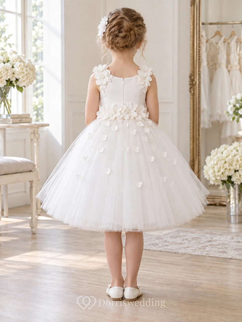 Short Ivory Sleeveless Bateau Shoulder Flower Floral Waist Applique Tulle A-Line Flowergirl Dress view 2