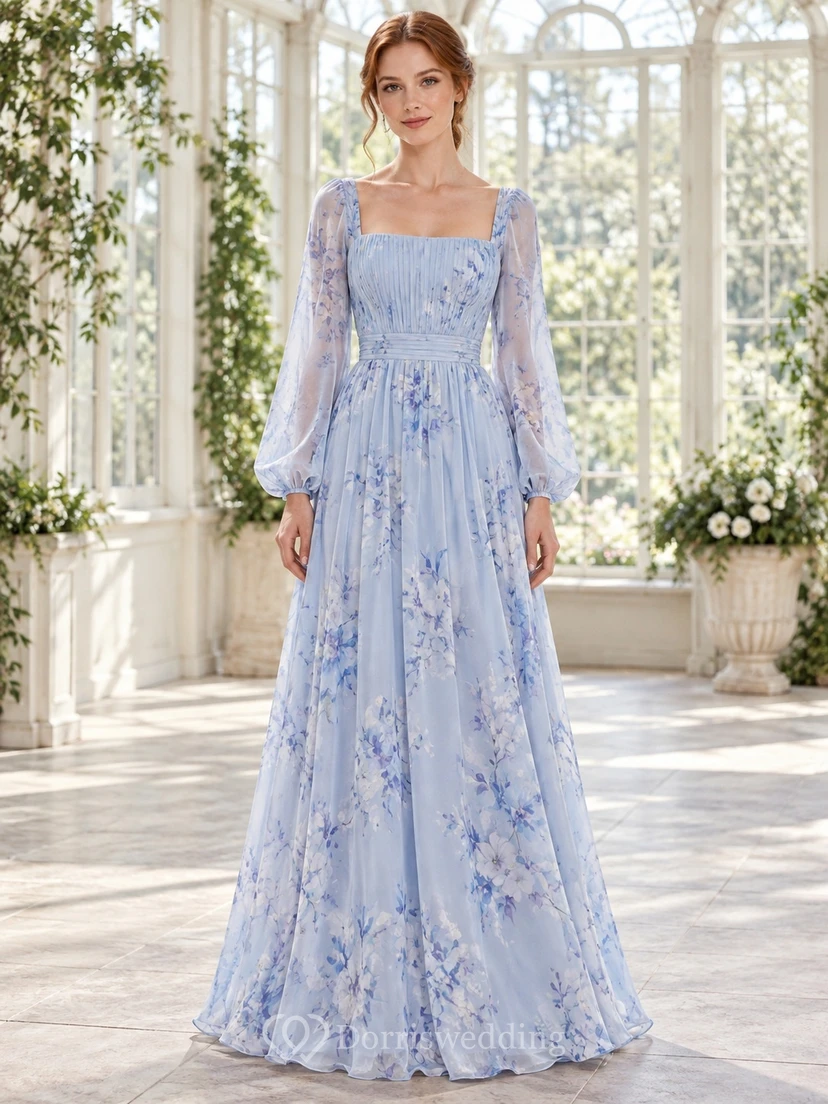 Himmelblaues Brautjungfernkleid aus Chiffon mit Blumenmuster, plissiertem Oberteil, eckigem Ausschnitt, langen Ärmeln und bodenlanger Länge