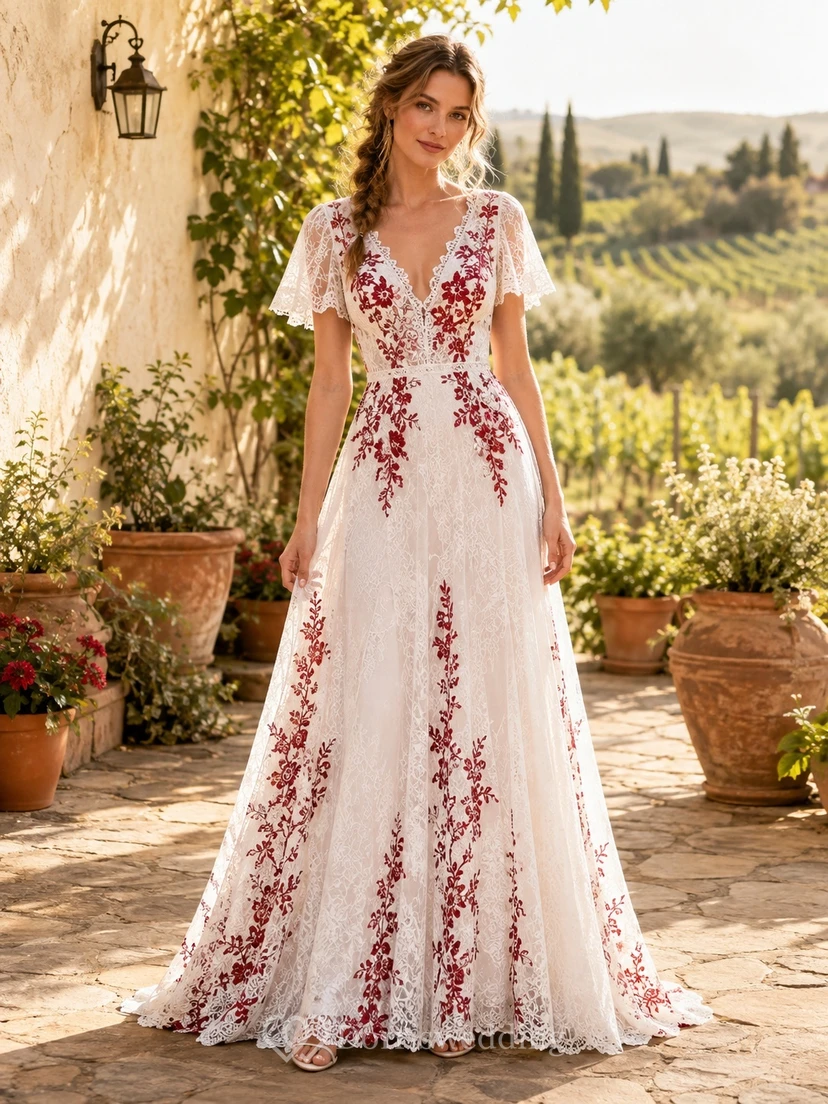 Rotes, geblümtes, kurzärmeliges, bodenlanges A-Linien-Brautkleid im Boho-Stil mit V-Ausschnitt und Spitze