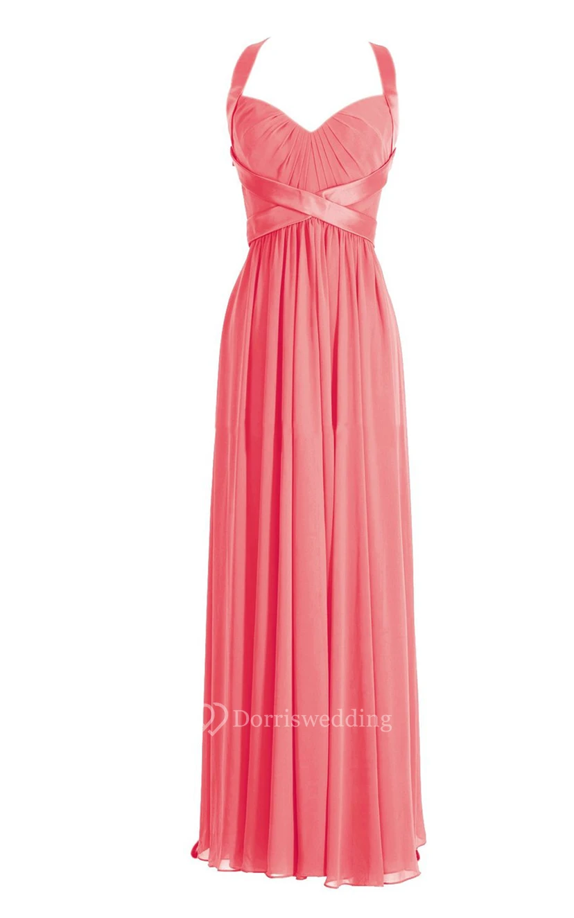 Halter Pleated Chiffon A-line Gown With Deep-v Back view 20