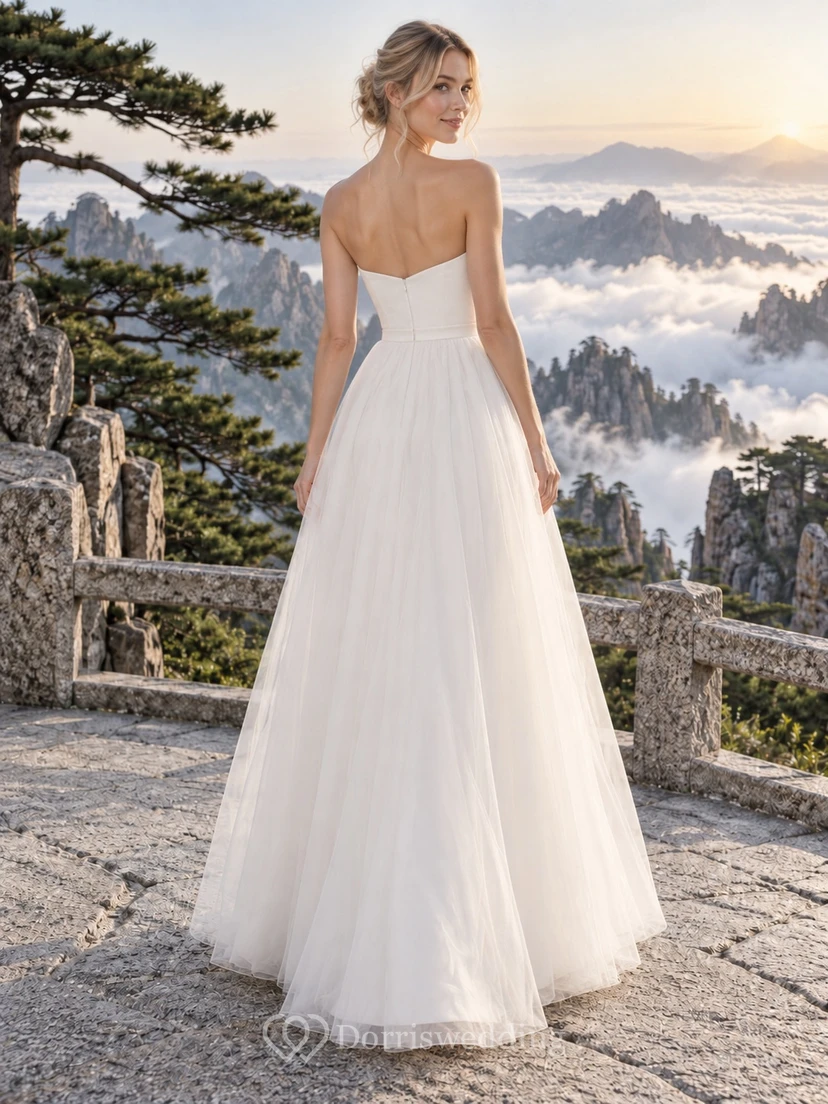 Vestido de recepción sencillo sin tirantes, escote corazón, tul, largo hasta los tobillos view 2