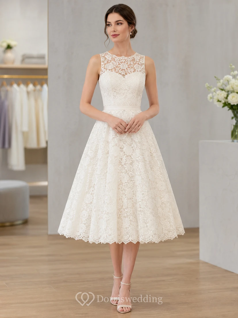 Ivory Bateau Sweetheart Sleeveless Lace A-Line Tea Dress Court Vintage