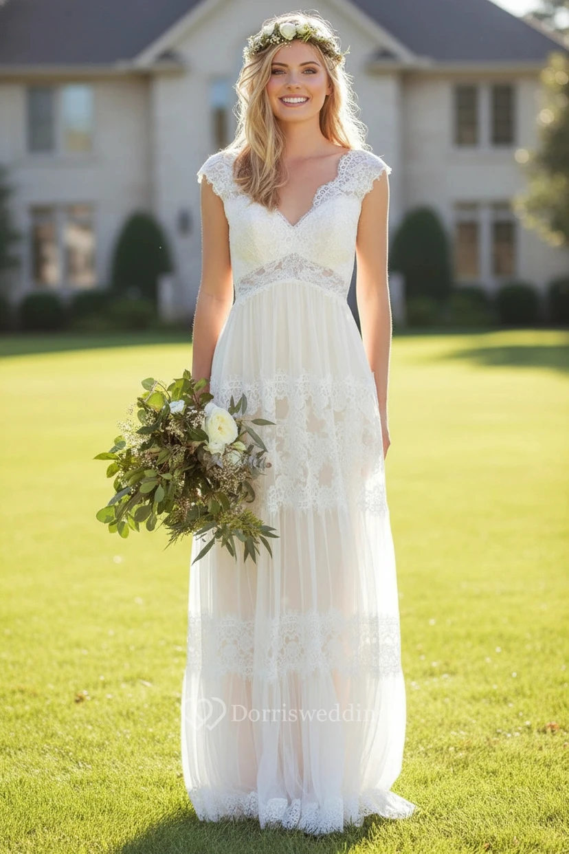 Vestido romántico con mangas cortas y apliques de encaje view 3