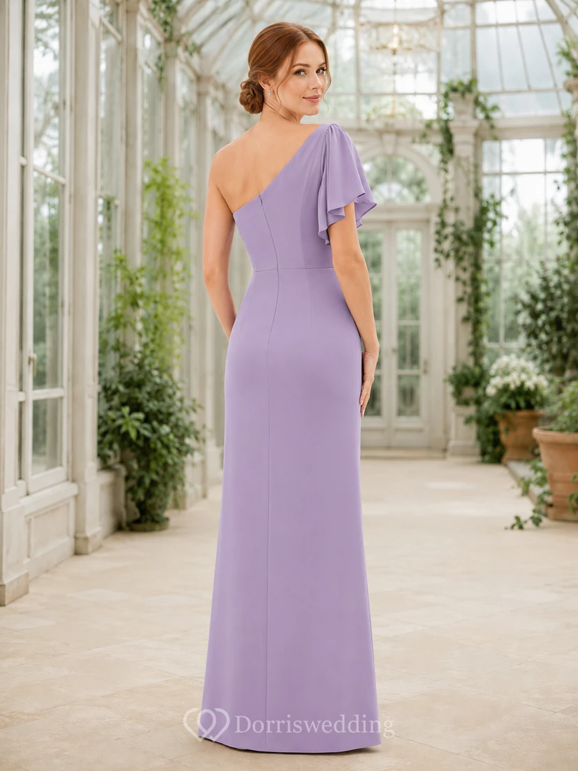 Lavender one shoulder flutter sleeve slit sheath gown view 2
