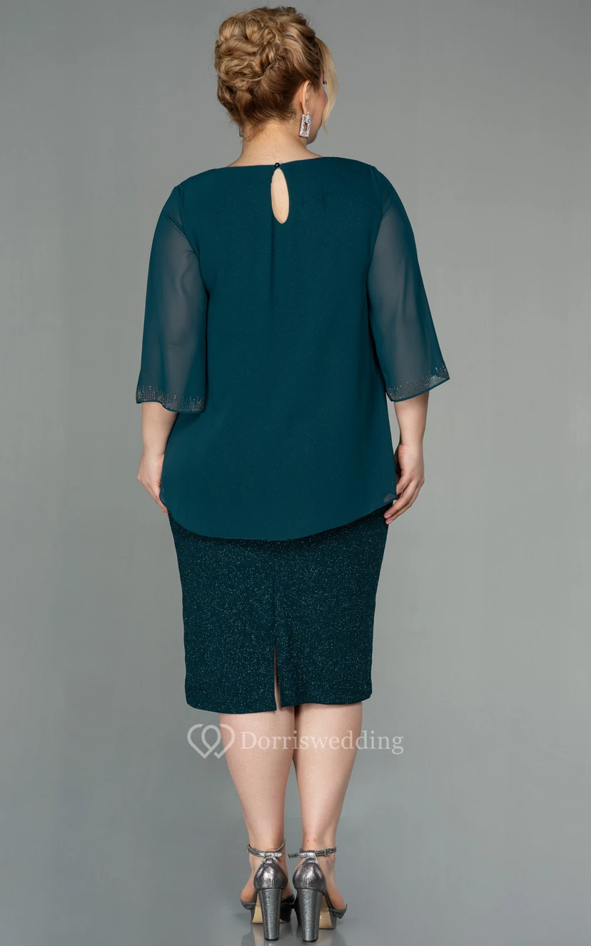 Bateau-neck Long Sleeve Pencil Knee-length Sequin Plus Size Mother of Bride Dress view 12