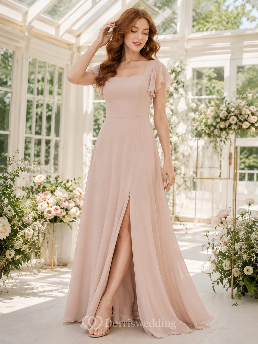 Blush square neck flutter sleeve chiffon A-line gown