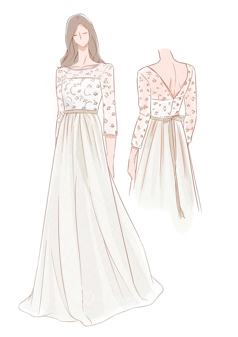 Scoop Neck Long Sleeve Tulle Wedding Dress With Lace Bodice view 4
