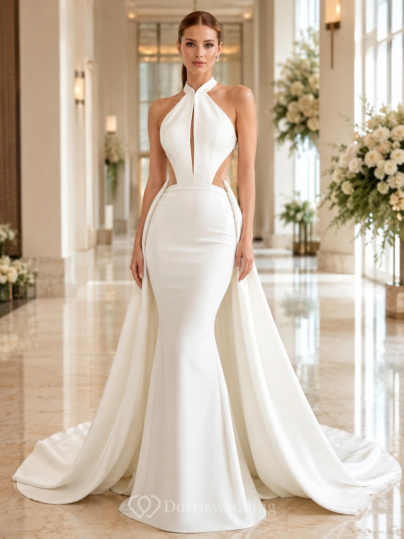 Satin Wedding Dress Sheath Halter Sleeveless Chapel Train Open Back Bridal Gown