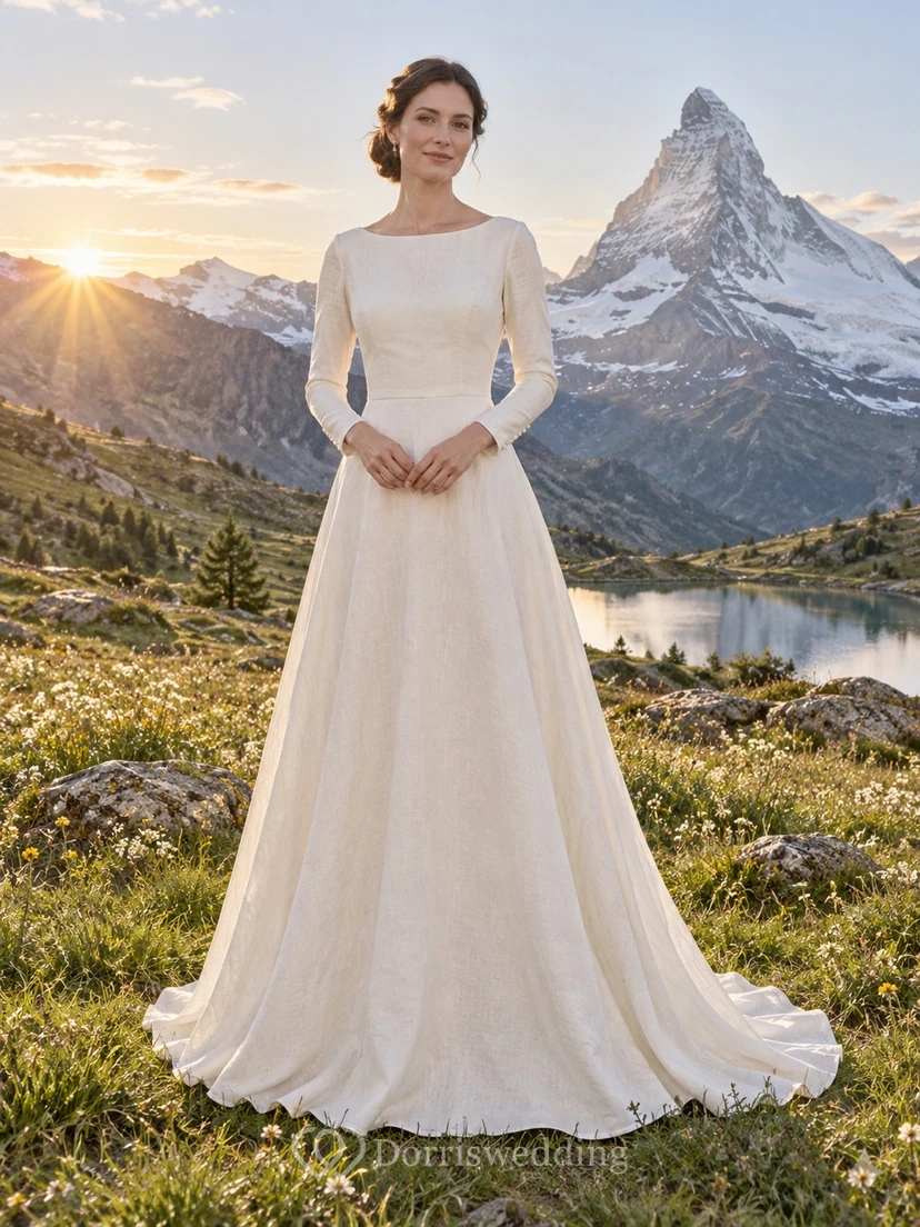 Vestido de novia sencillo de corte A con escote barco, confeccionado en lino, de manga larga y cola.
