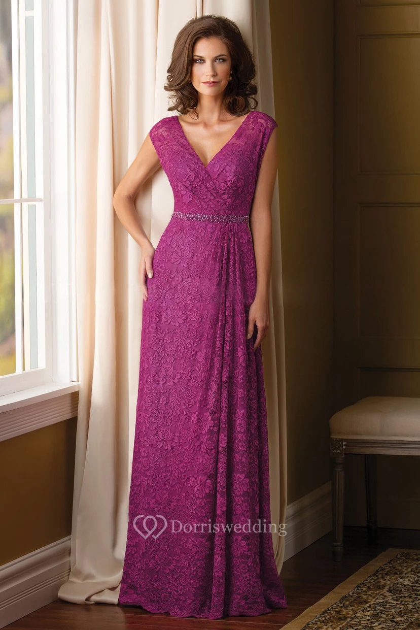 Cap-Sleeved V-Neck Lace Mother Of The Bride Dress With Beadings And V-Back