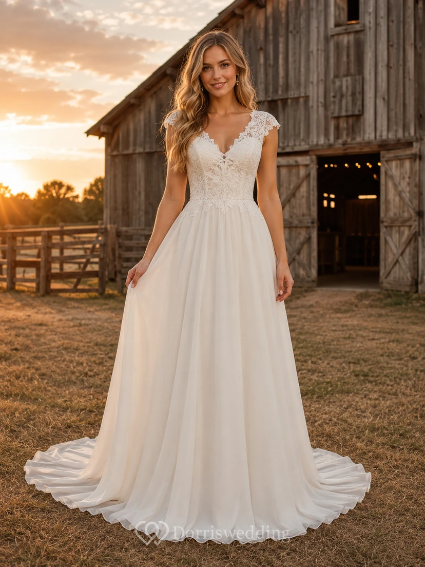 Rustic V-Neck Lace Bodice Chiffon A-Line Wedding Dress
