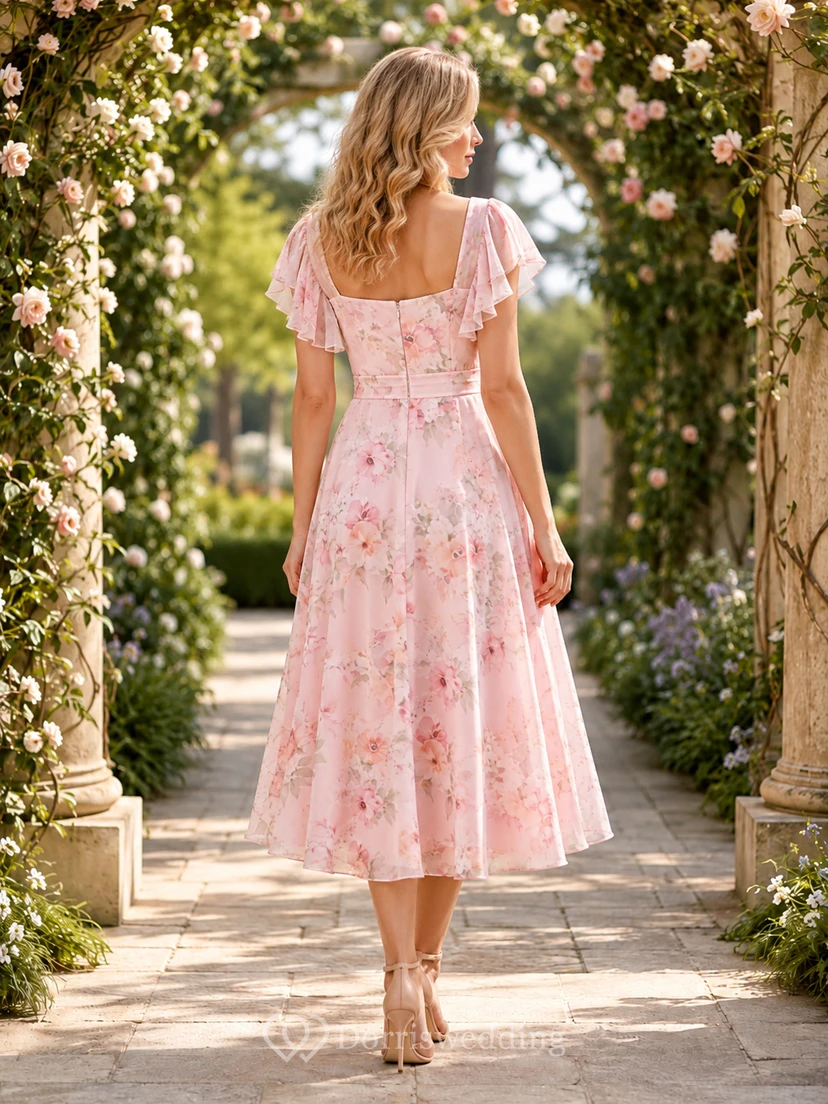 Pink Floral Puff Sleeve Spring Occasion Midi Dress view 2