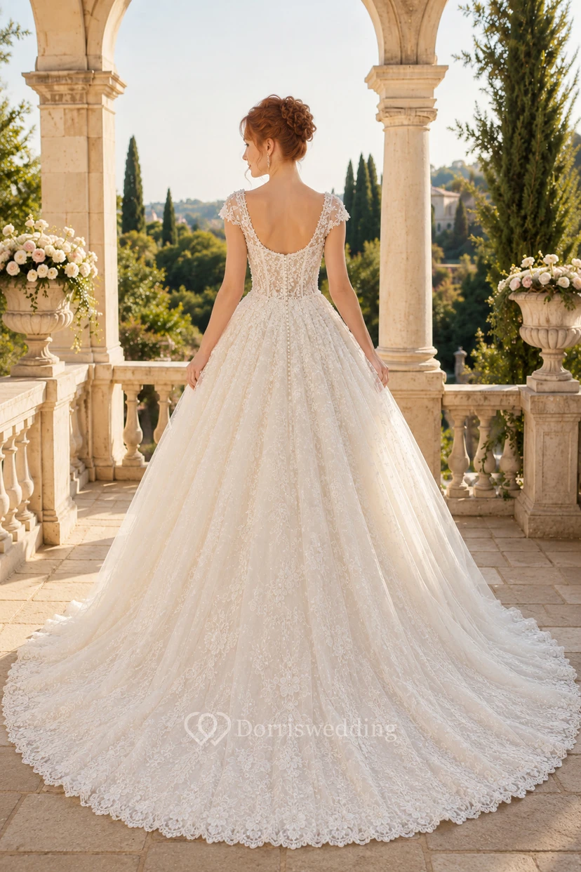 Lace Tulle Wedding Dress A-Line Strap Detail Sweep Train Low V Back Bridal Gown view 2