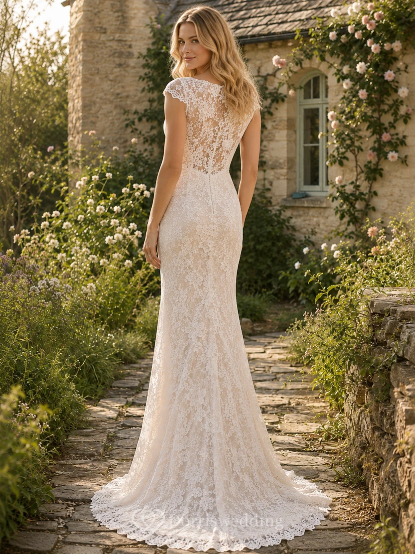 Etuikleid mit floraler Spitze, kurzen Ärmeln, für eine romantische Hochzeit im Landhausstil view 2