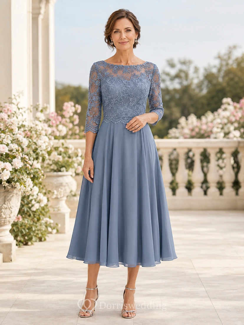 Stahlblaues, schlichtes, teelanges A-Linien-Chiffonkleid für die Mutter der Braut mit dreiviertellangen Ärmeln aus Muschelspitze