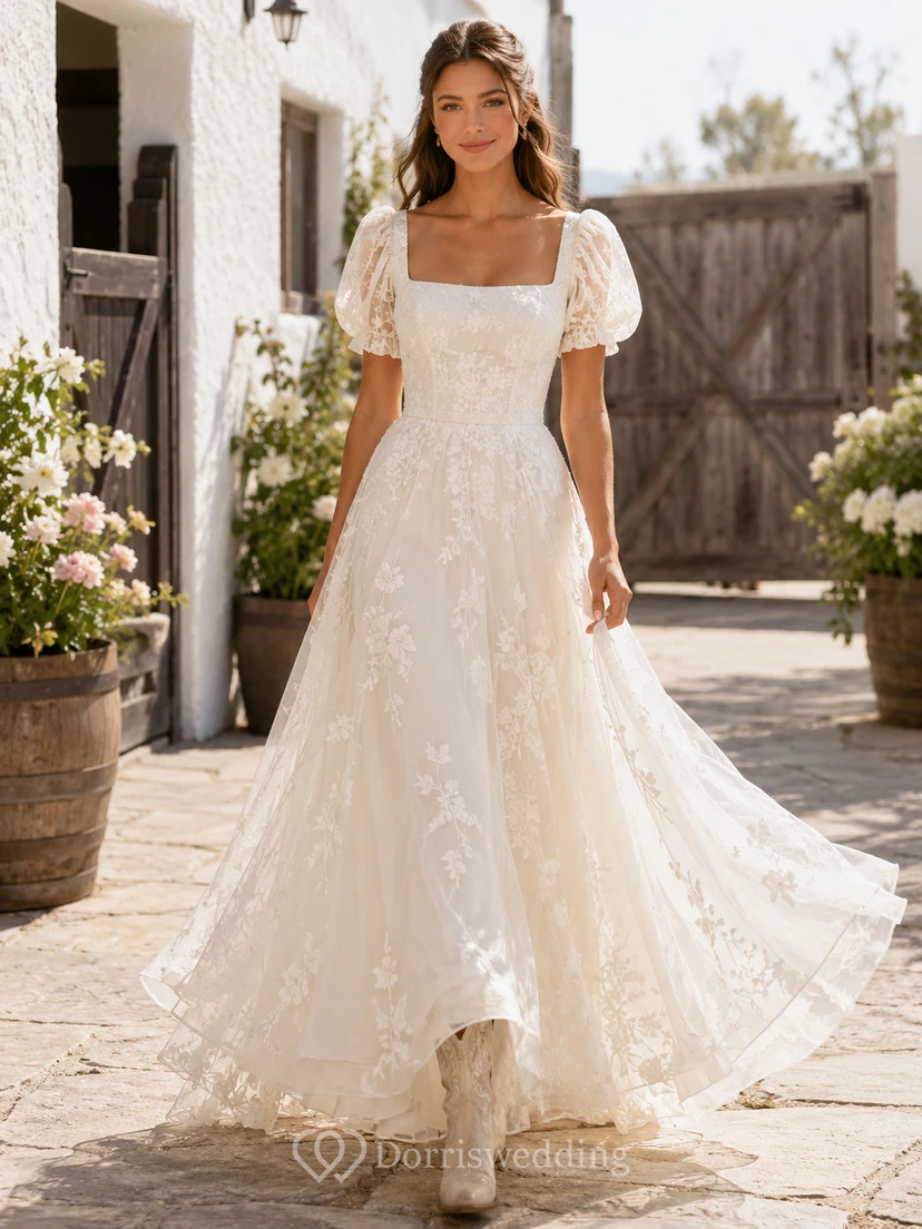 Brautkleid im Landhausstil mit Spitze, A-Linie, eckigem Ausschnitt, Puffärmeln, Schleppe und tiefem V-Ausschnitt am Rücken