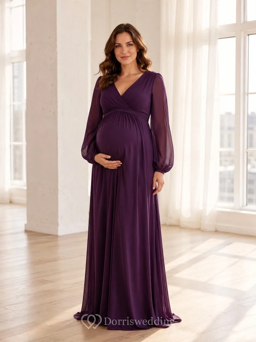 Plum Maternity V-Neck Long Sleeve Empire Chiffon Formal Gown