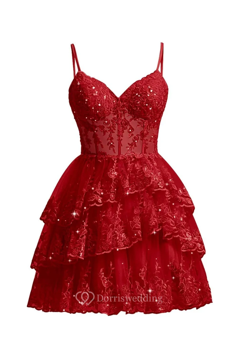 Robe de cocktail en dentelle violette à volants view 8