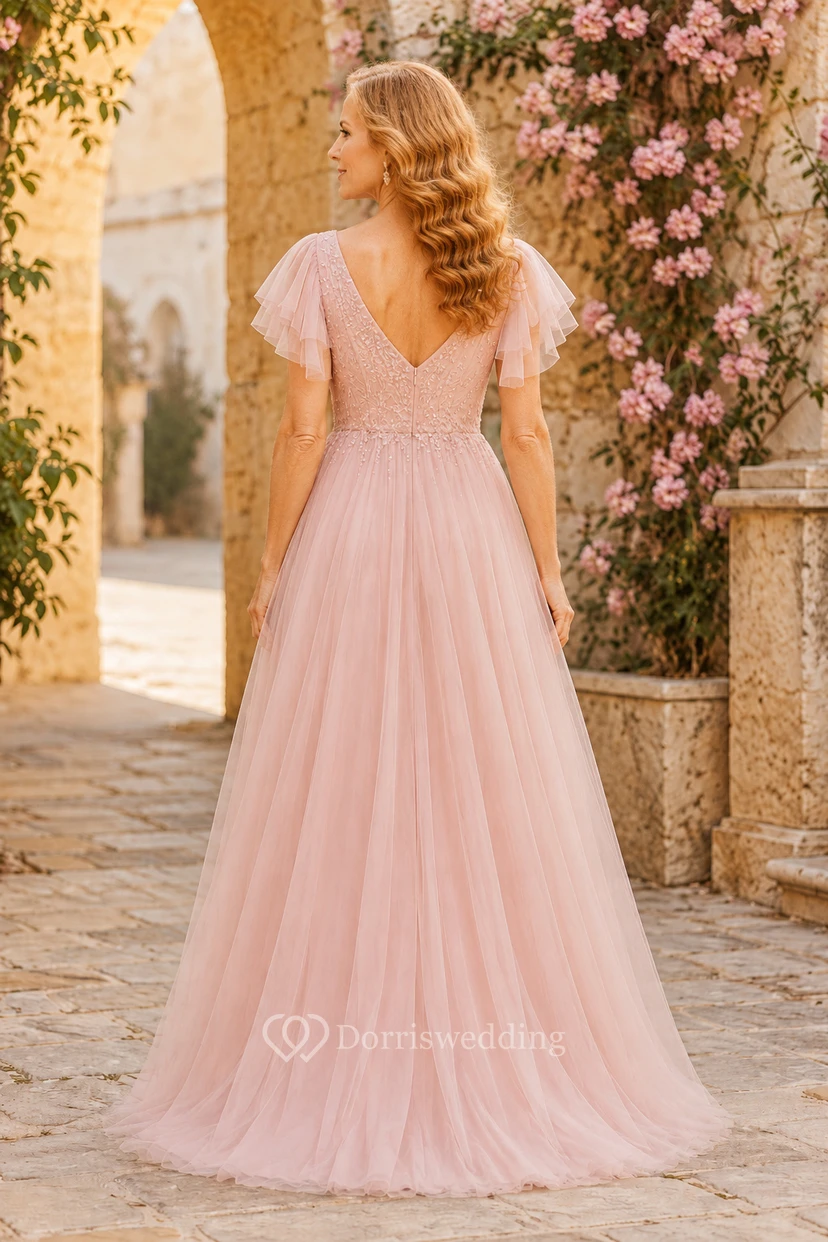 Rosafarbenes A-Linien-Kleid aus Tüll mit V-Ausschnitt und flatternden Ärmeln view 2