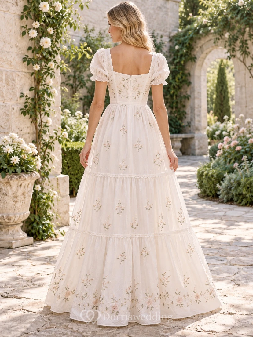 Square Neck Floral A-Line Puff Sleeve Embroidered Tiered Romantic Full-Length Wedding Dress view 2