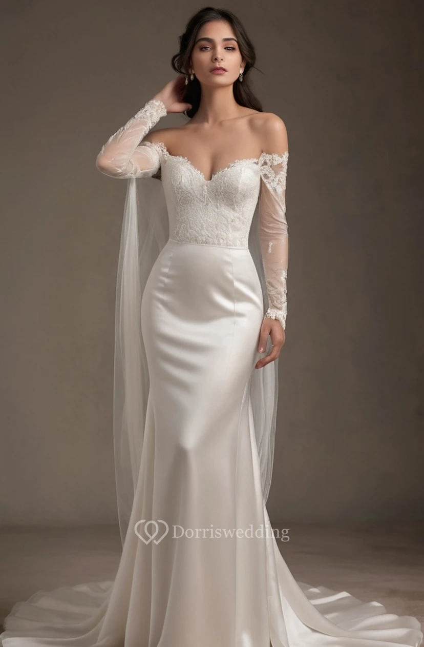 Sexy schulterfreies, transparentes, langärmeliges Etuikleid aus Satin für die Hochzeit