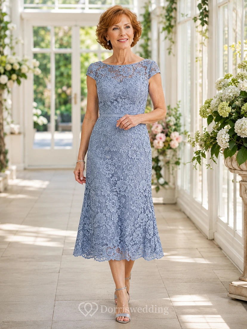 Stahlblaues, elegantes Cocktailkleid in Teelänge mit U-Boot-Ausschnitt, kurzen Ärmeln, Spitze und ausgestelltem Rock – perfekt für die Großmutter der Braut