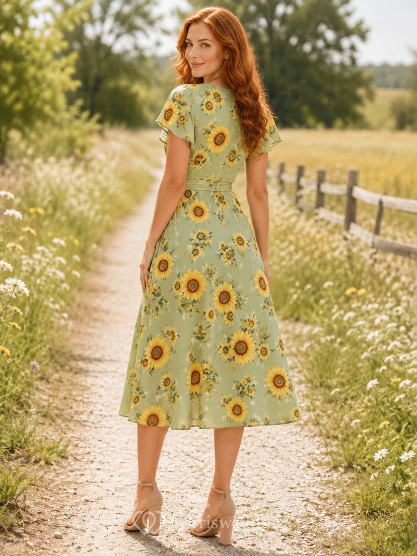 Sage Sunflower Print V-Neck Wrap Garden Midi Dress view 2