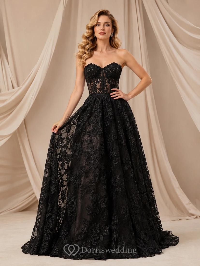 Black Lace Strapless Ball Gown Formal Evening Dress
