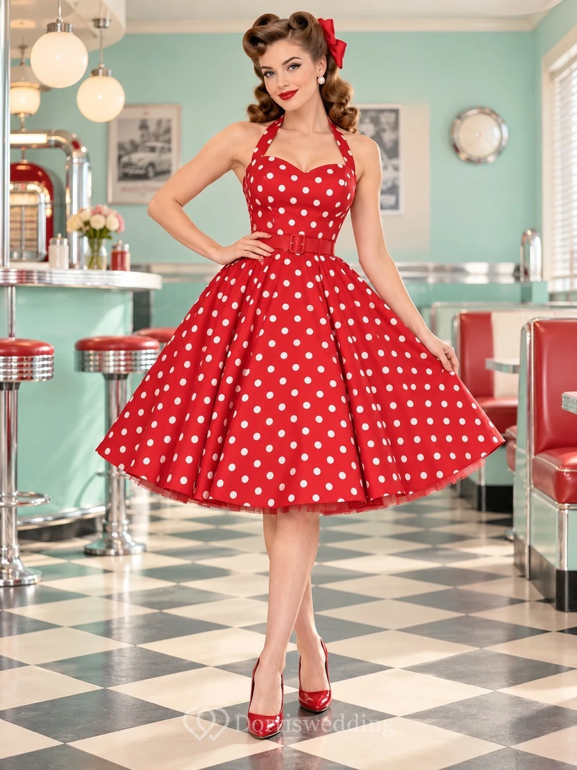 Vintage Red Polka Dot Halter Sweetheart Flared Knee-Length Cocktail Dress