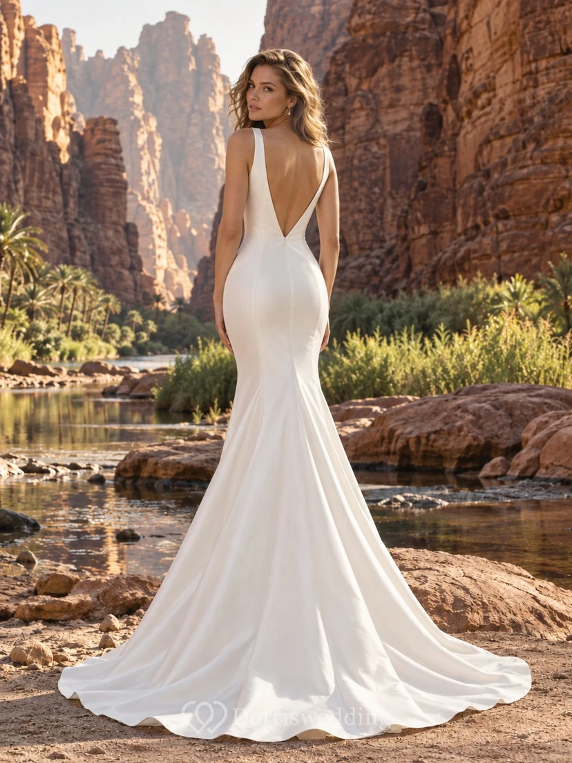 Vestido de novia sencillo de satén con escote en V, tirantes anchos y corte sirena, que se ajusta a la cadera. view 2