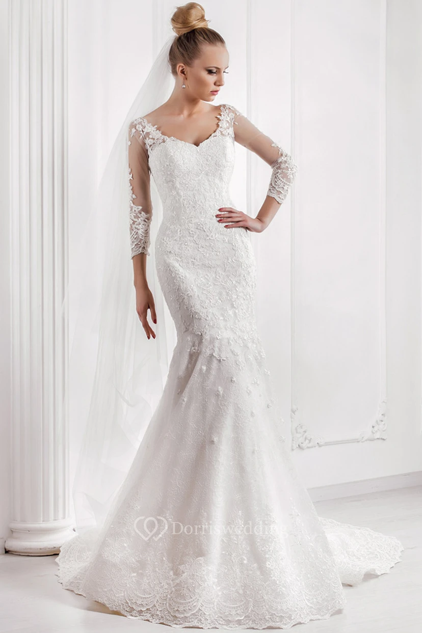 Mermaid Appliqued V-Neck 3-4 Sleeve Lace Wedding Dress With Court Train