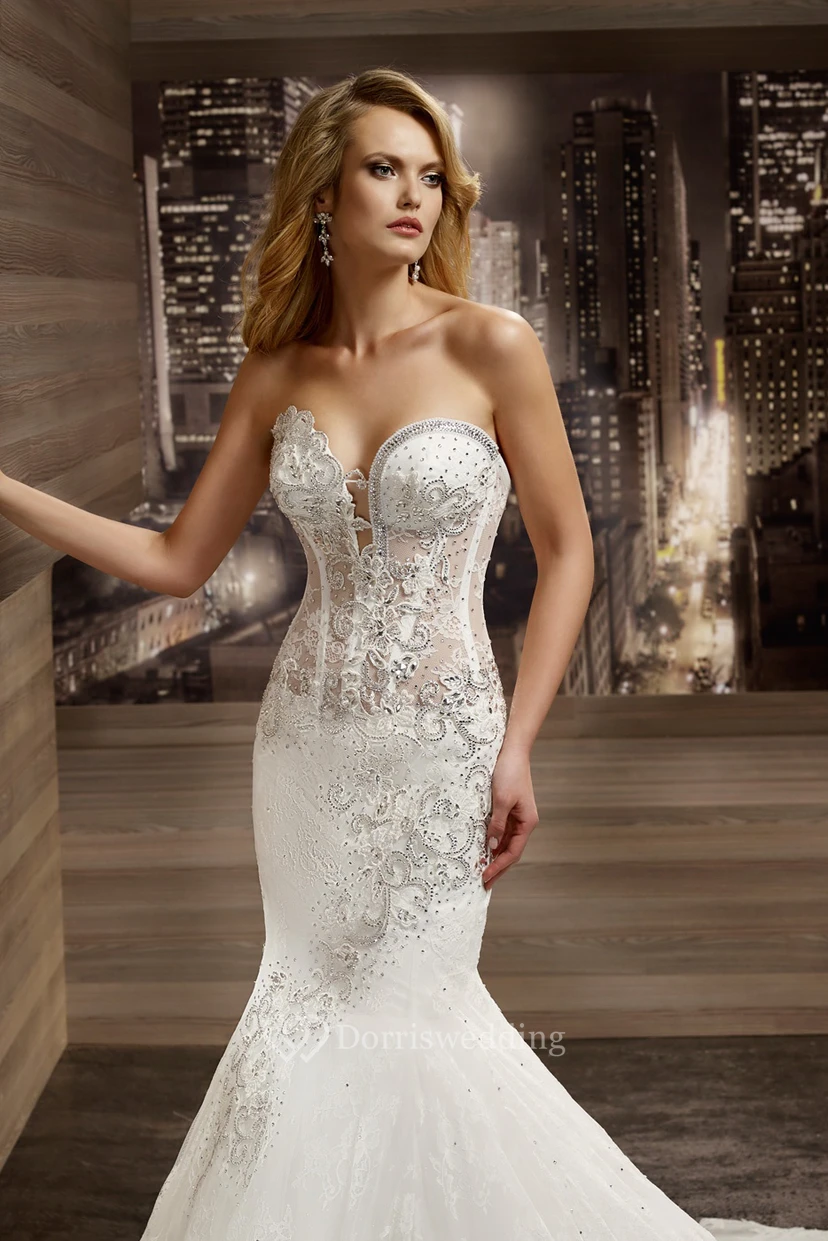 Sweetheart Mermaid Beaded Bridal Gown With Floral Embroidery And Brush Train view 3