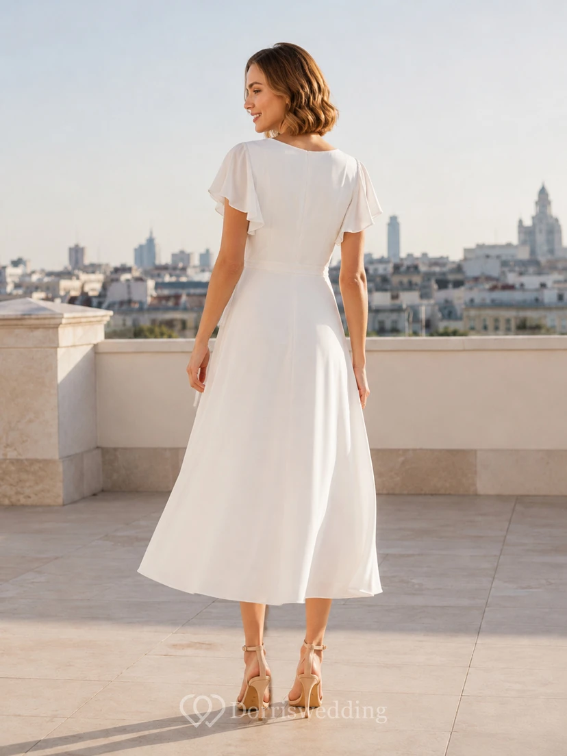 Vestido de novia civil romántico de gasa drapeada con escote en V y mangas con volantes, corte en A y largo hasta la rodilla. view 2