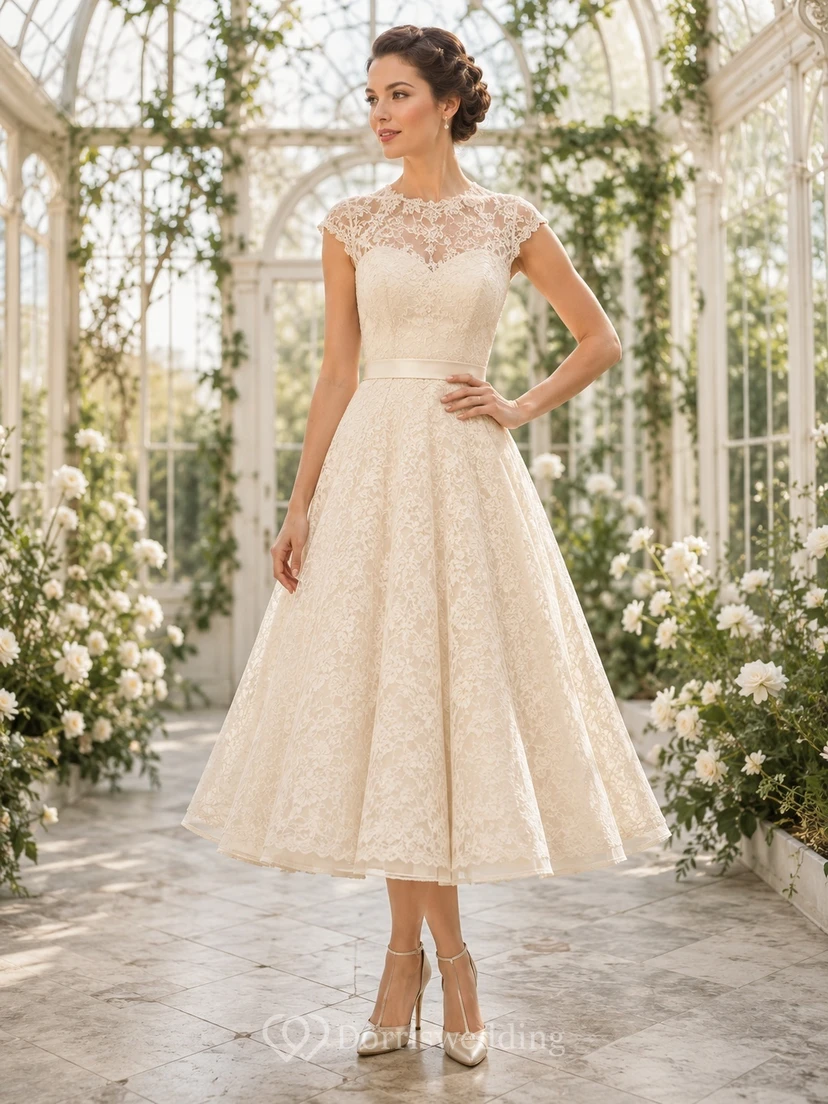 Vintage Teelänge, U-Boot-Ausschnitt, kurze Ärmel, Spitze, A-Linie, schlicht und elegant, Brautkleid