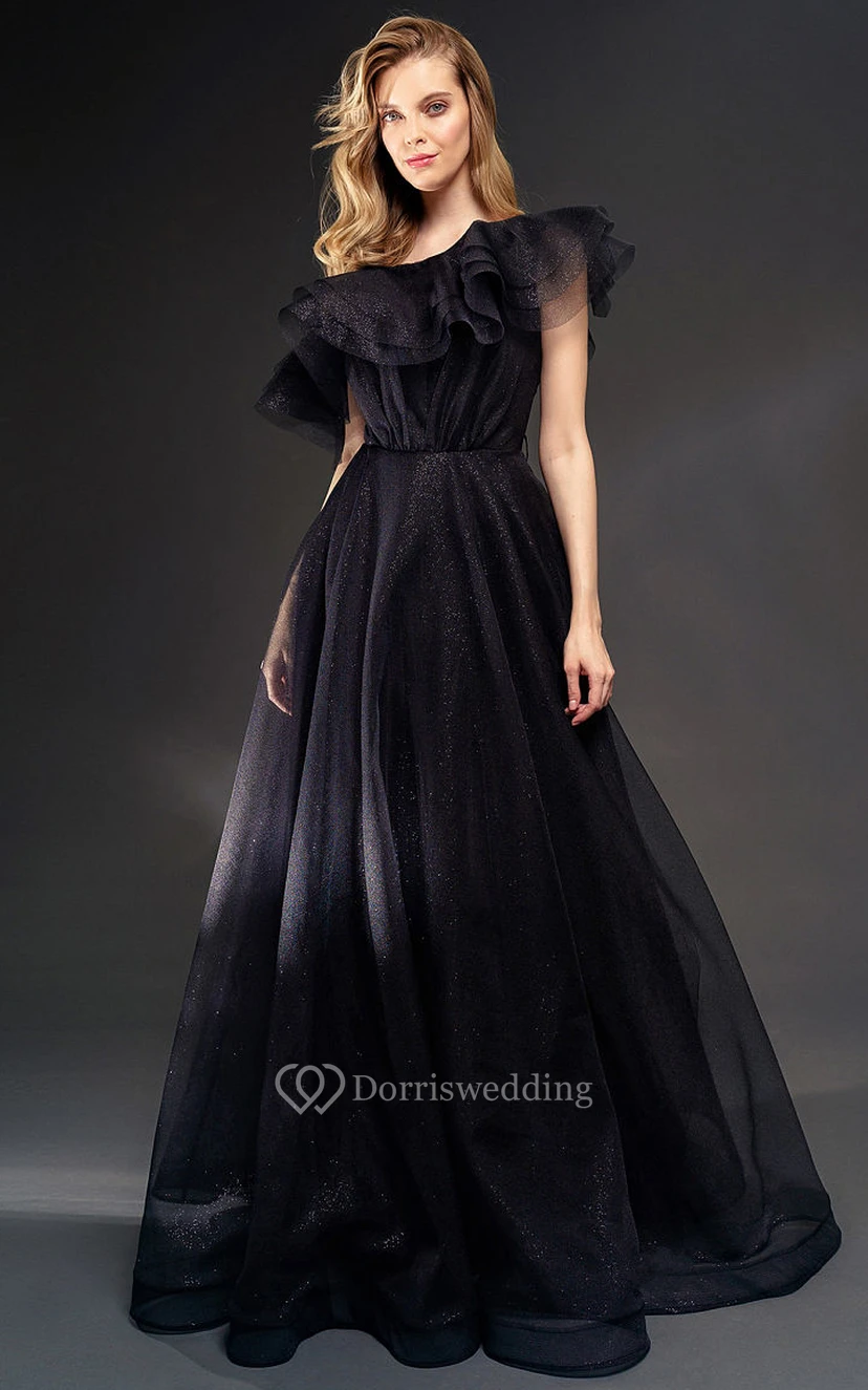 Asymmetrisches, schulterfreies, schwarzes A-Linien-Abendkleid view 3