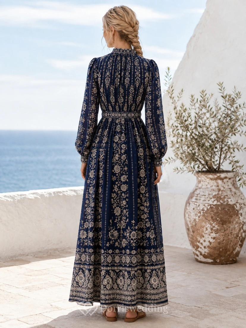 Boho Vintage Navy Floral V-Neck Long-Sleeve Chiffon A-Line Floor-Length Dress view 2