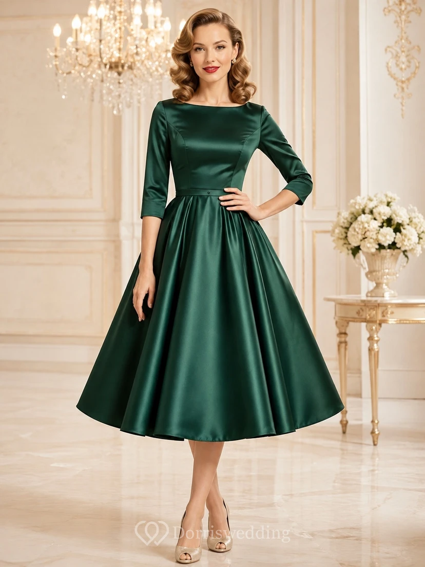Dark Green Bateau Three-Quarter Sleeve Satin A-Line Tea-Length Vintage Formal Dress