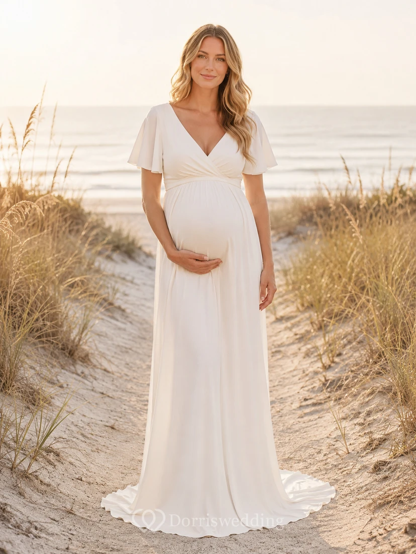 Maternity Wedding Dress V-Neck Short Sleeve Simple Beach Bridal Gown