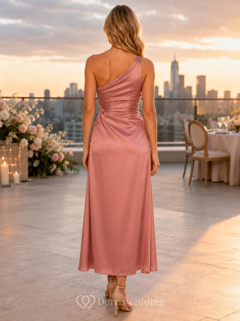 Rooftop Dusty Rose One-Shoulder Satin Sheath Tea-Length Slit Guest Dress view 2