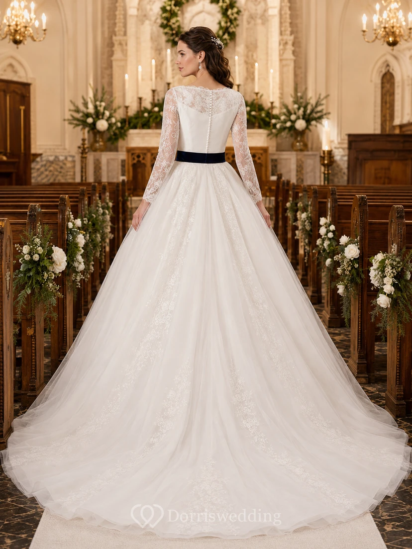 Winter Church Lace Sleeve Ball Gown Velvet Sash Dress view 2
