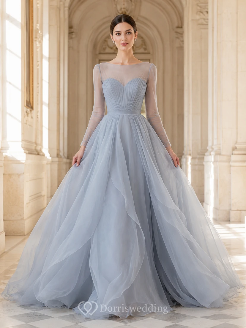 Robe de mariée en organza bleu acier à bretelles carrées et col carré