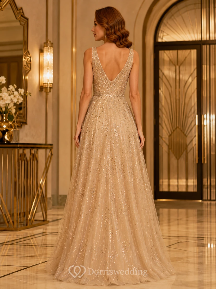 Goldener Schimmer Champagner A-Linien-Abendkleid mit V-Ausschnitt, ärmellos und Pailletten, luxuriös, bodenlang view 2