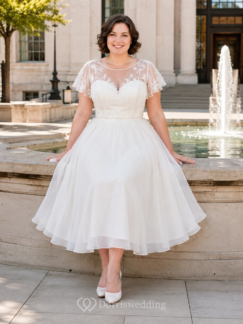 Romantisches Hochzeitskleid in Übergröße: Teelänge, Illusion-Spitze, kurze Ärmel, A-Linie, Tüll