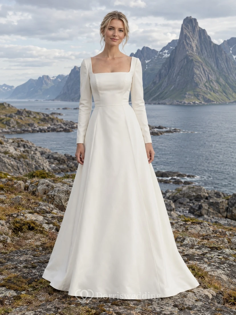 Vestido de novia sencillo de corte A con escote cuadrado, manga larga y falda de satén de algodón.