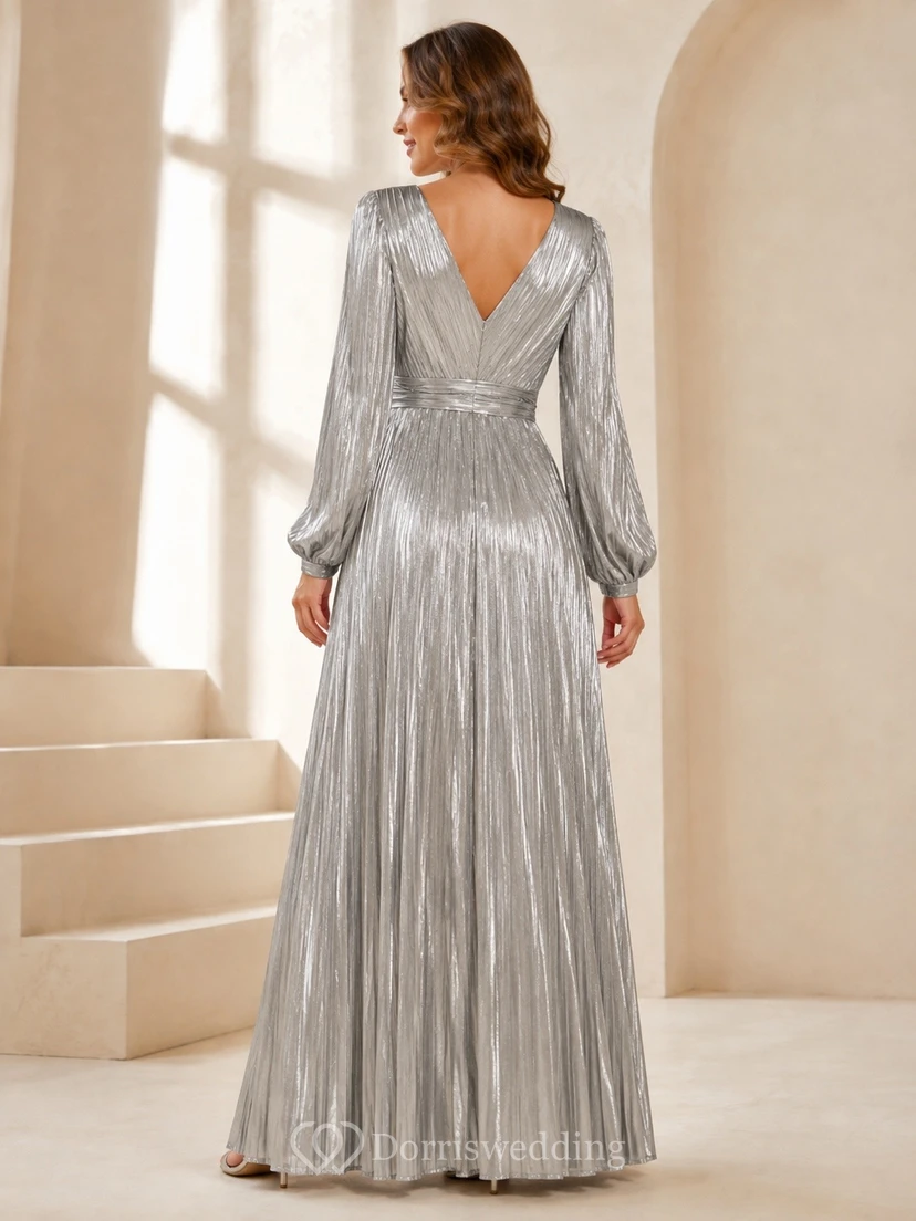Silver Long Sleeve V Neck Pleated Chiffon A Line Gown view 2