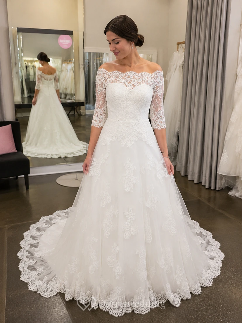 A-Line 3-4-Sleeve Off-The-Shoulder Lace&Tulle Wedding Dress With Illusion view 6